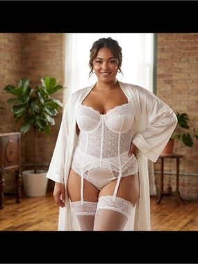 VTG GODDESS Union USA Made White Lace Longline Bridal Bustier Corset Bra 48DD